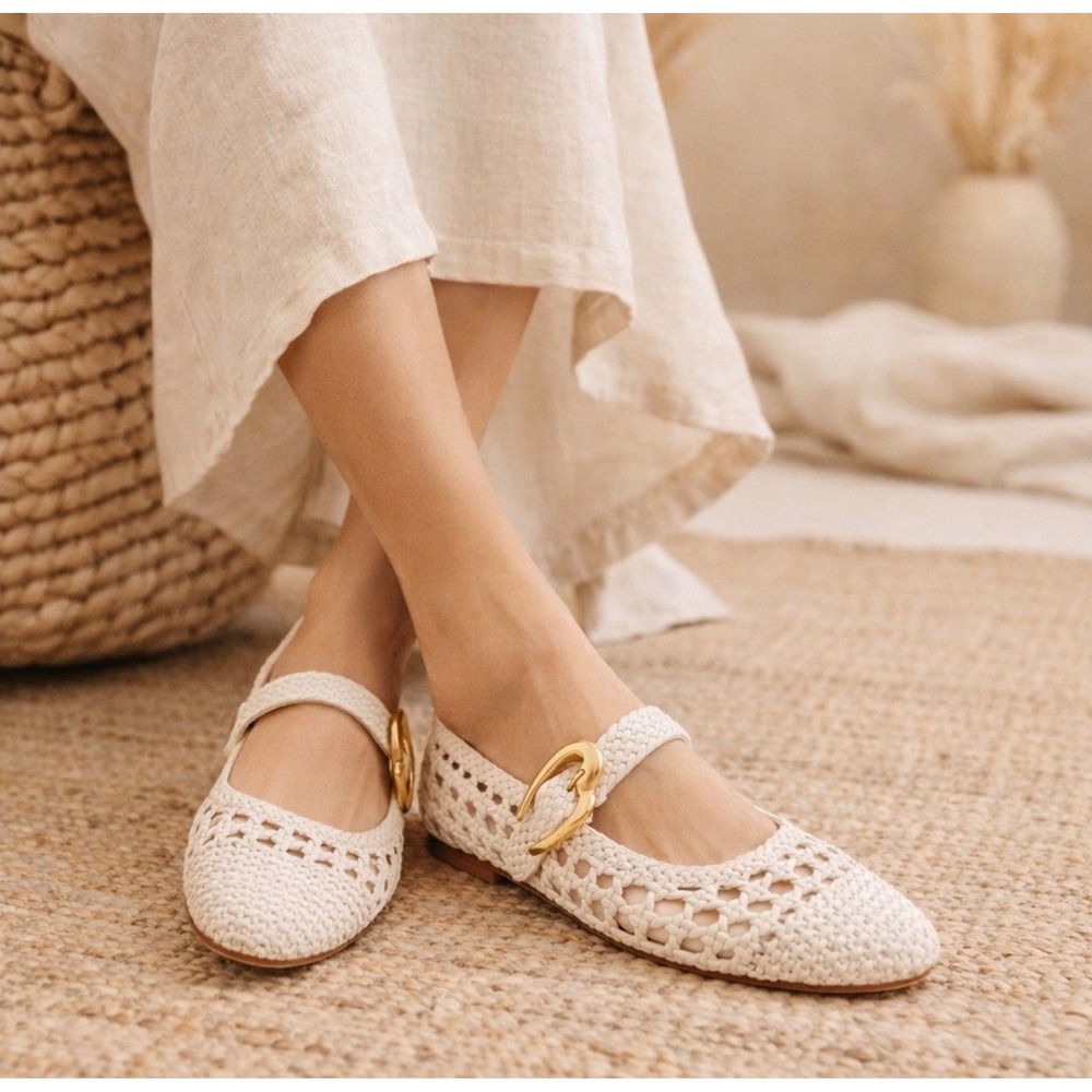 Larroude Cream Crochet Mary Jane Flats with Gold Buckle Accent